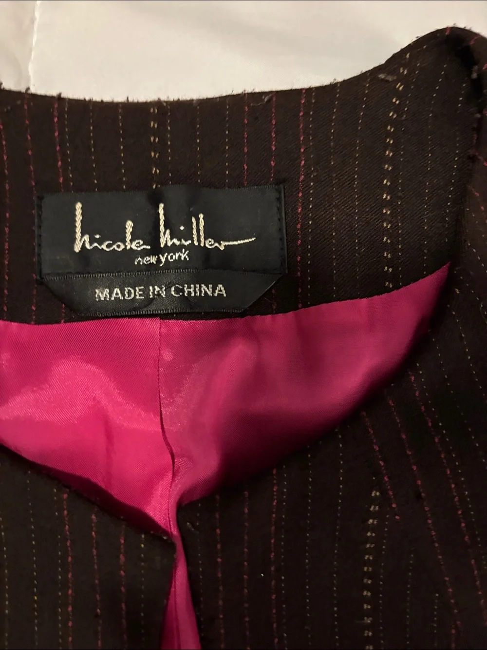 Nicole Miller Brown Pinstripe Skirt Suit with Pink Lining